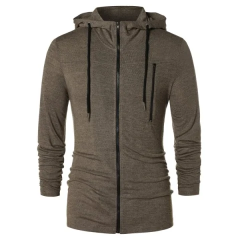 Long Sleeve Zipper Drawstring Hoodie - Taupe Fansmadedirect