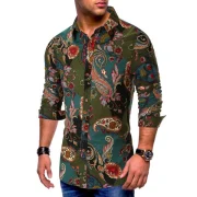 Long Sleeves Flower Paisley Print Button Shirt - Green Fansmadedirect