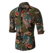 Long Sleeves Flower Paisley Print Button Shirt - Green Fansmadedirect