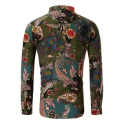 Long Sleeves Flower Paisley Print Button Shirt - Green Fansmadedirect