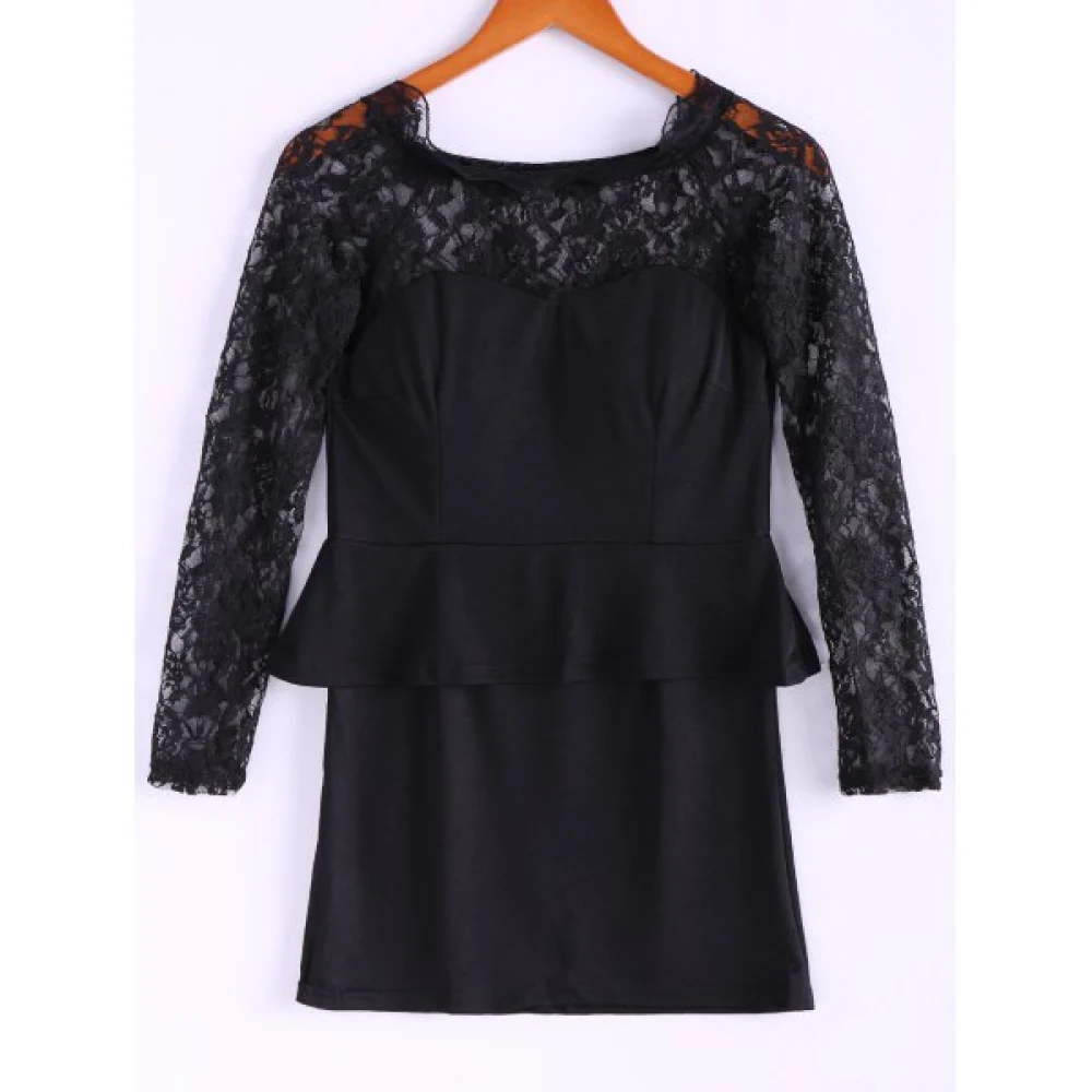 Long Sleeves Lace Splicing Boat Neck Sexy Style Women's Dress - Black One Fansmadedirect
