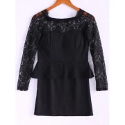 Long Sleeves Lace Splicing Boat Neck Sexy Style Women's Dress - Black One Fansmadedirect