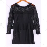 Long Sleeves Lace Splicing Boat Neck Sexy Style Women's Dress - Black One Fansmadedirect