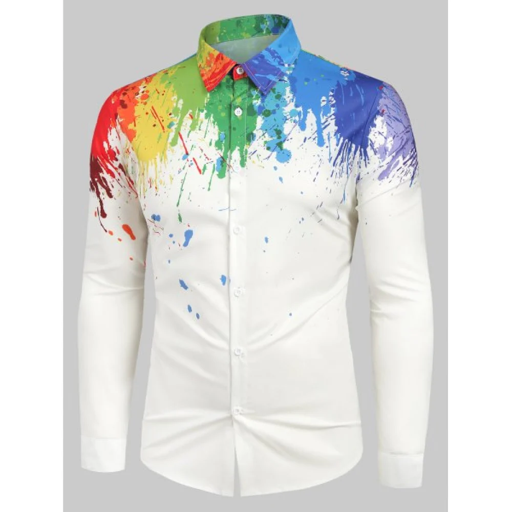 Long Sleeves Splatter Painting Print Button Shirt - White Fansmadedirect