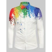 Long Sleeves Splatter Painting Print Button Shirt - White Fansmadedirect