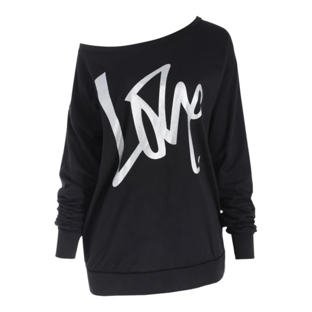 Love Pattern Dropped Shoulder Sweatshirt - Black Fansmadedirect