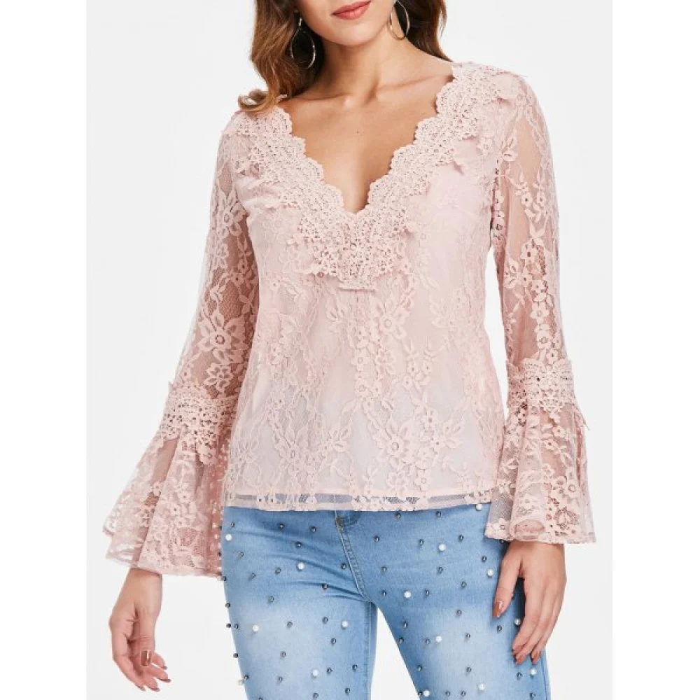 Low Cut Flare leeve Lace Blouse - Light Pink Fansmadedirect