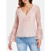 Low Cut Flare leeve Lace Blouse - Light Pink Fansmadedirect
