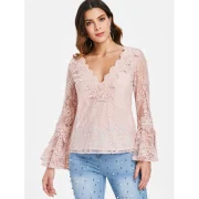 Low Cut Flare leeve Lace Blouse - Light Pink Fansmadedirect