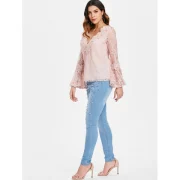 Low Cut Flare leeve Lace Blouse - Light Pink Fansmadedirect