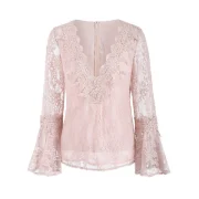 Low Cut Flare leeve Lace Blouse - Light Pink Fansmadedirect