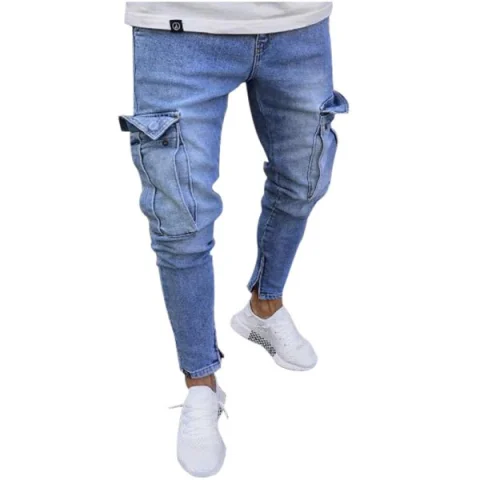 Men Fashionable Knee Broken Hole Zipper Skinny Jeans - Light Blue Fansmadedirect