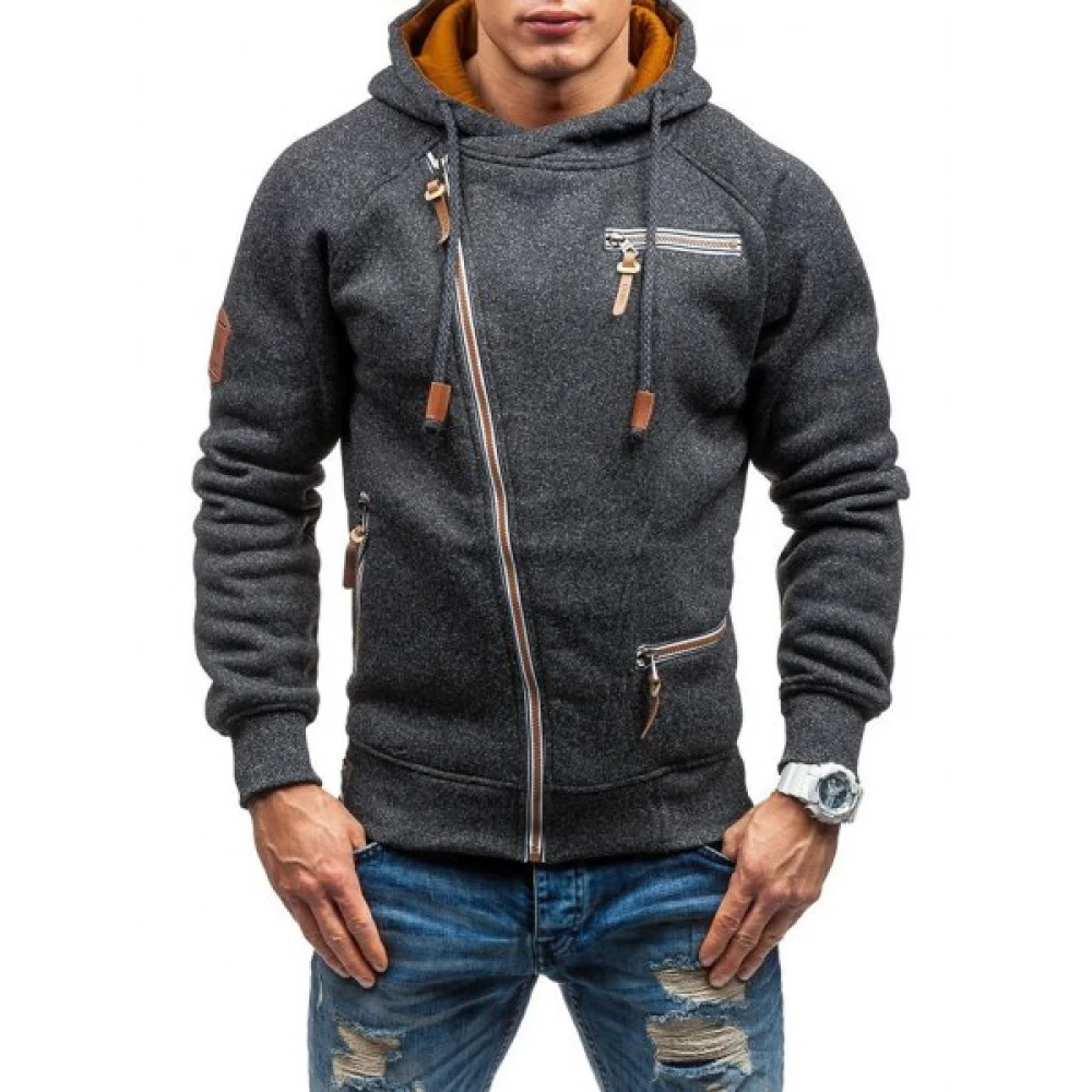 Men Hooded weater Personality ide Zipper Black Gray - Gray Fansmadedirect