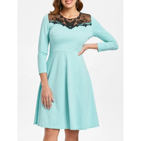 Mesh Insert Butterfly Embroidered Flare Dress - Coral Blue Fansmadedirect