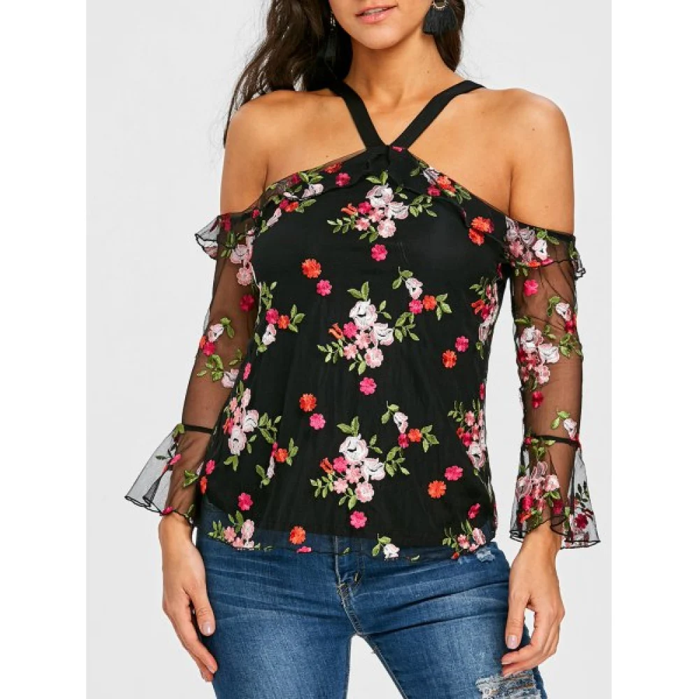 Mesh Off the Shoulder Floral Print Blouse - Fansmadedirect