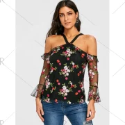 Mesh Off the Shoulder Floral Print Blouse - Fansmadedirect