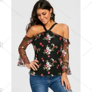 Mesh Off the Shoulder Floral Print Blouse - Fansmadedirect