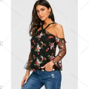 Mesh Off the Shoulder Floral Print Blouse - Fansmadedirect