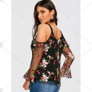 Mesh Off the Shoulder Floral Print Blouse - Fansmadedirect