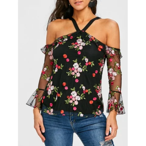 Mesh Off the Shoulder Floral Print Blouse - Fansmadedirect