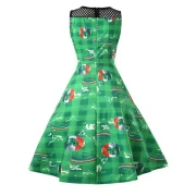 Mesh Panel Printed A Line Dress - Deep Green Fansmadedirect