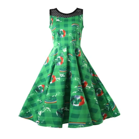 Mesh Panel Printed A Line Dress - Deep Green Fansmadedirect