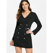 Military Style Buttoned Front Short Dress - Black Fansmadedirect