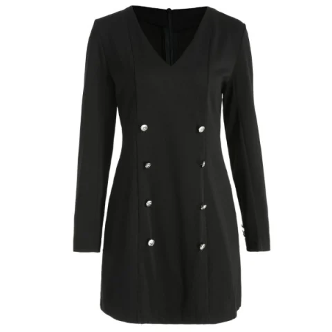 Military Style Buttoned Front Short Dress - Black Fansmadedirect