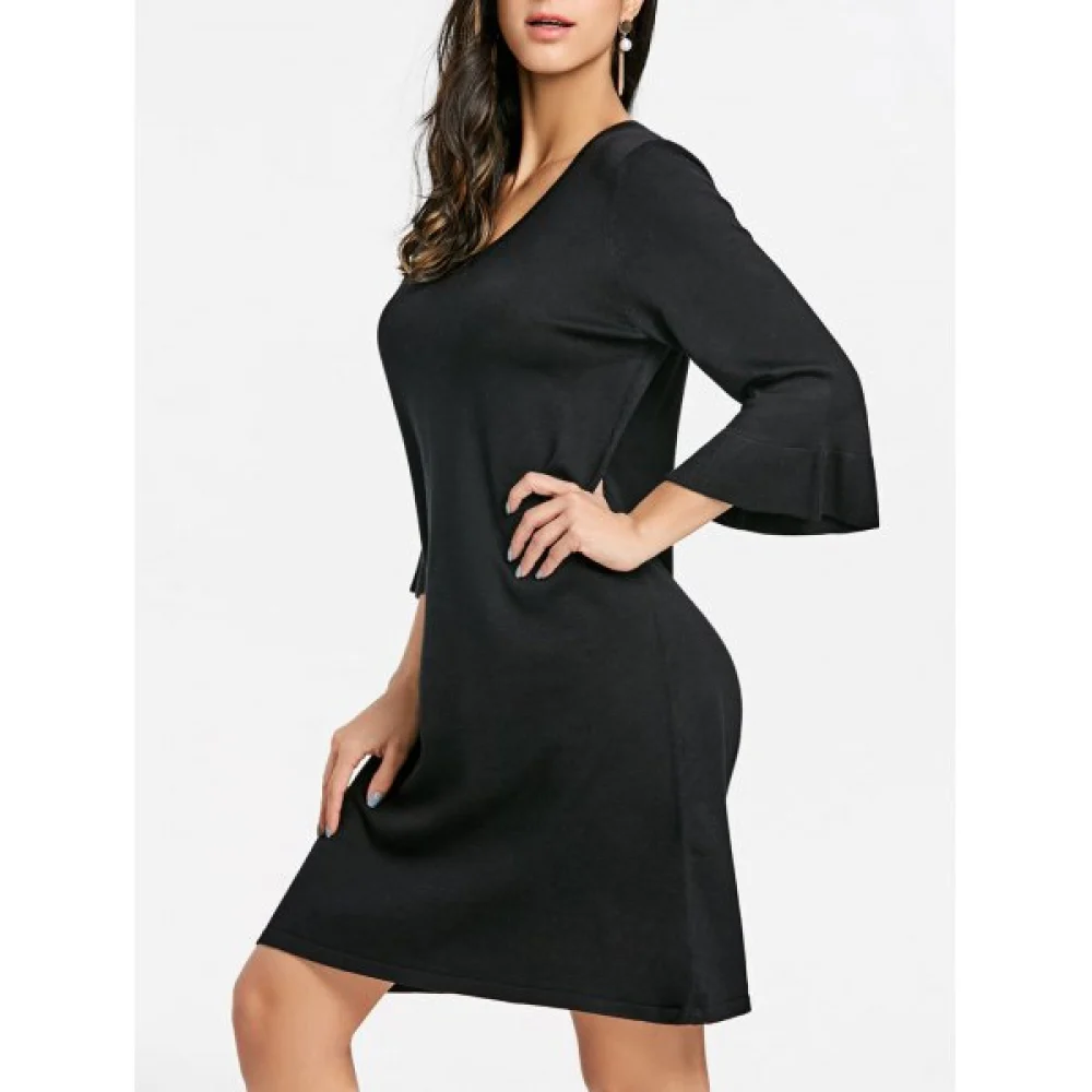 Mini Flare Sleeve Shift Dress - Black One Fansmadedirect