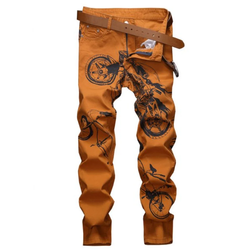 Mobile Printed Zip Fly Casual Jeans - Chocolate Fansmadedirect