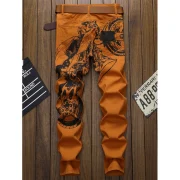 Mobile Printed Zip Fly Casual Jeans - Chocolate Fansmadedirect