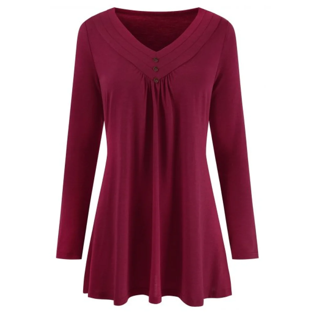 Mock Buttons Long leeves olid Tee - Red Wine Fansmadedirect