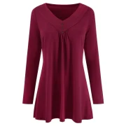 Mock Buttons Long leeves olid Tee - Red Wine Fansmadedirect