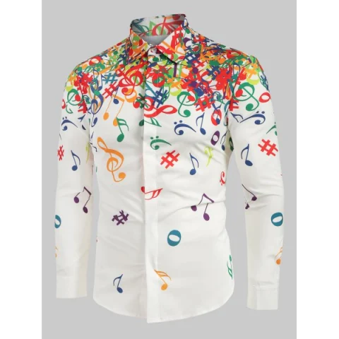 Musical Note Pattern Long leeves hirt - White Fansmadedirect