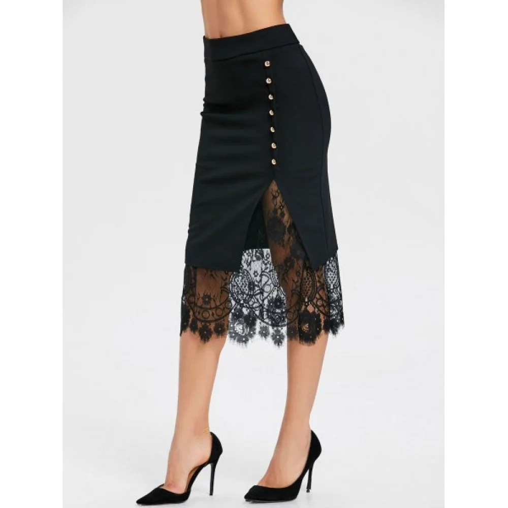 Oblique Button Midi Lace lit kirt - Black Fansmadedirect