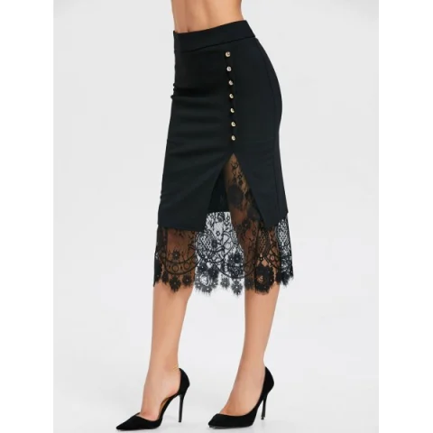 Oblique Button Midi Lace lit kirt - Black Fansmadedirect