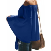 Off houlder Flare leeve Knot Hem Blouse - Blue Fansmadedirect
