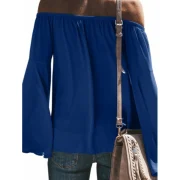 Off houlder Flare leeve Knot Hem Blouse - Blue Fansmadedirect