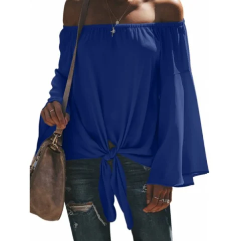 Off houlder Flare leeve Knot Hem Blouse - Blue Fansmadedirect