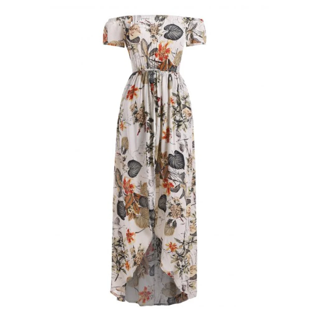 Off houlder Flower Leaf Maxi Romper - Beige Fansmadedirect