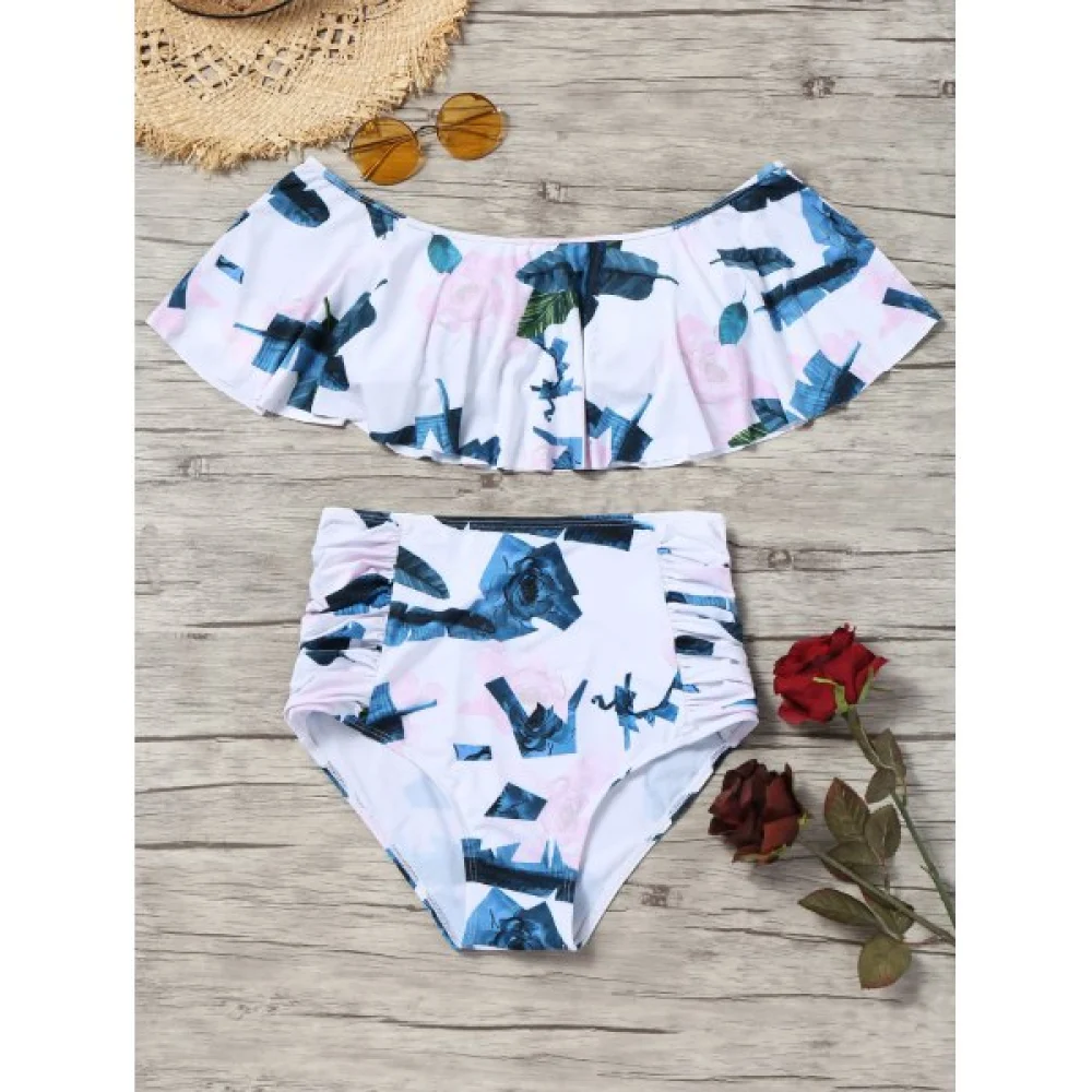 Off houlder Printed High Waisted Bikini et - White Fansmadedirect