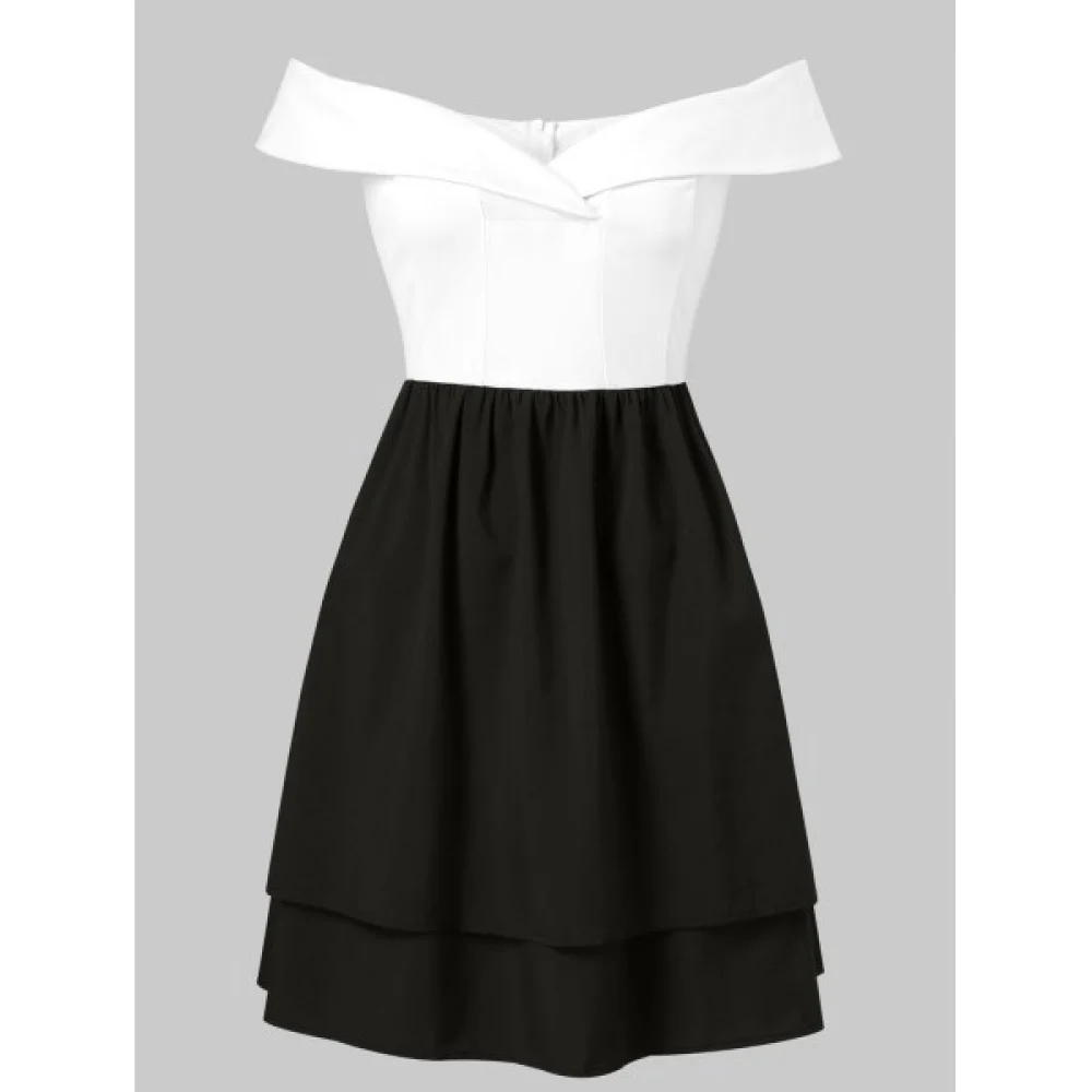 Off Shoulder Color Block High Waist Dress - White Fansmadedirect