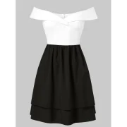 Off Shoulder Color Block High Waist Dress - White Fansmadedirect