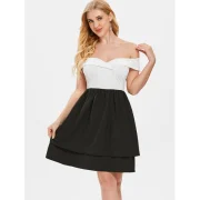 Off Shoulder Color Block High Waist Dress - White Fansmadedirect