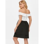 Off Shoulder Color Block High Waist Dress - White Fansmadedirect