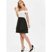 Off Shoulder Color Block High Waist Dress - White Fansmadedirect