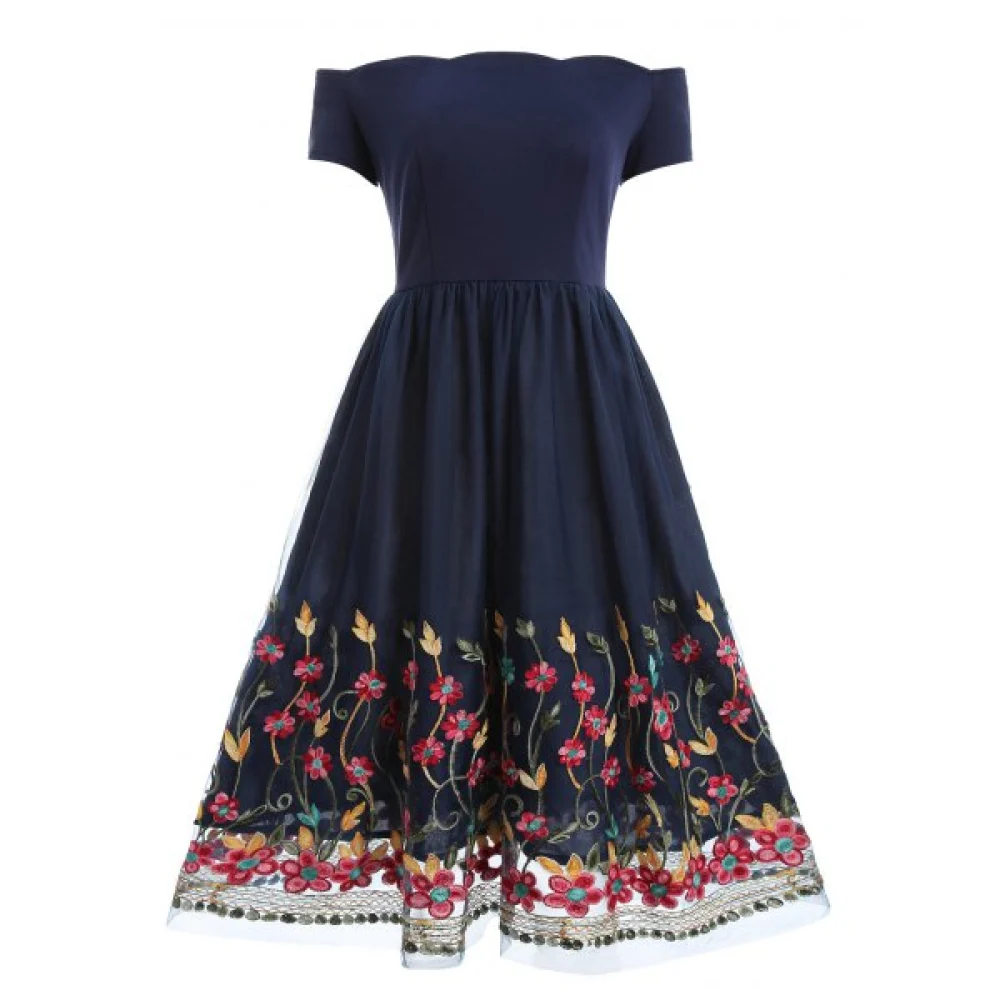 Off Shoulder Floral esh Panel Dress - Deep Blue Fansmadedirect