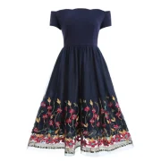 Off Shoulder Floral esh Panel Dress - Deep Blue Fansmadedirect