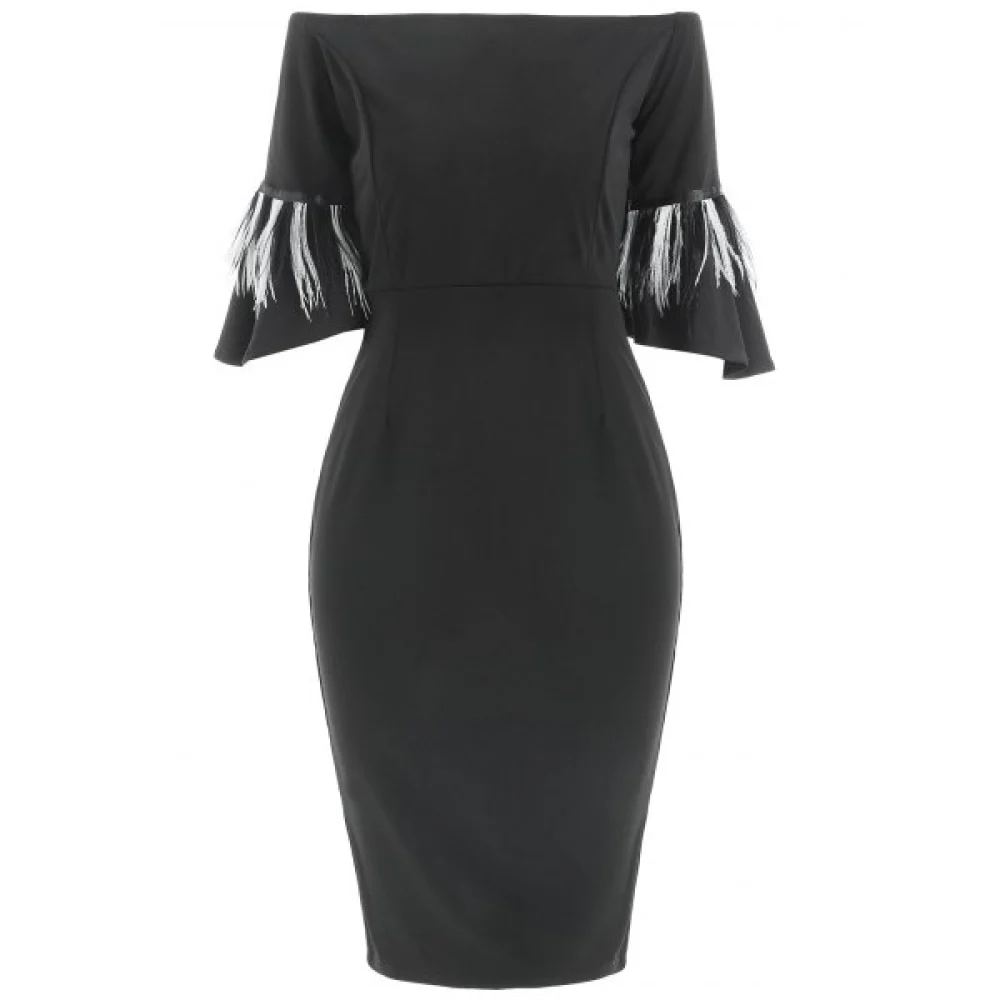 Off Shoulder Fringed Sleeve Fitted Dress - Black Fansmadedirect
