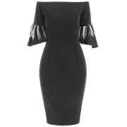 Off Shoulder Fringed Sleeve Fitted Dress - Black Fansmadedirect